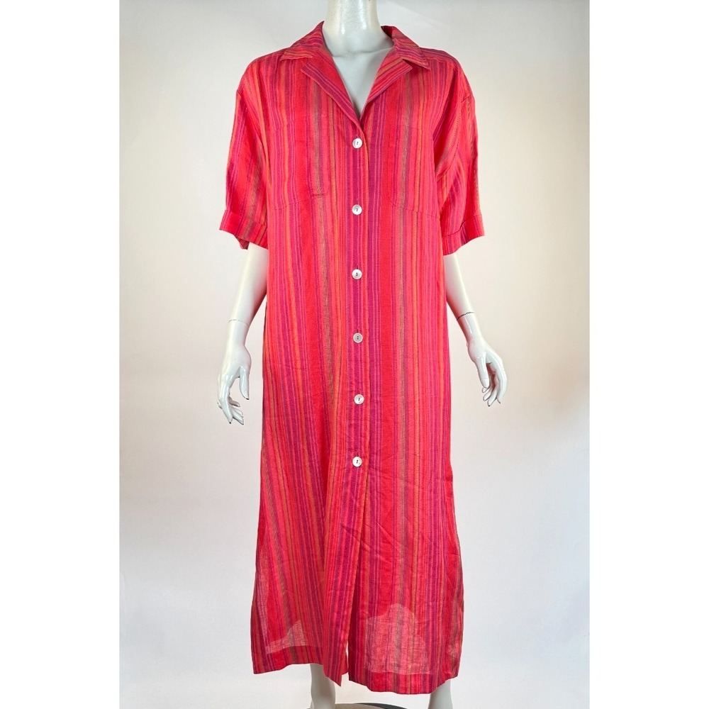 Marina‎ Rinaldi Flax Linen Dress Women 25 US L EUC $360 Short Sleeve Striped Red